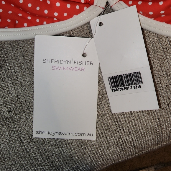 New Sheridyn Fisher Swimwear Bikini Top coral polka dot ruffle 11" across bottom - Picture 4 of 11